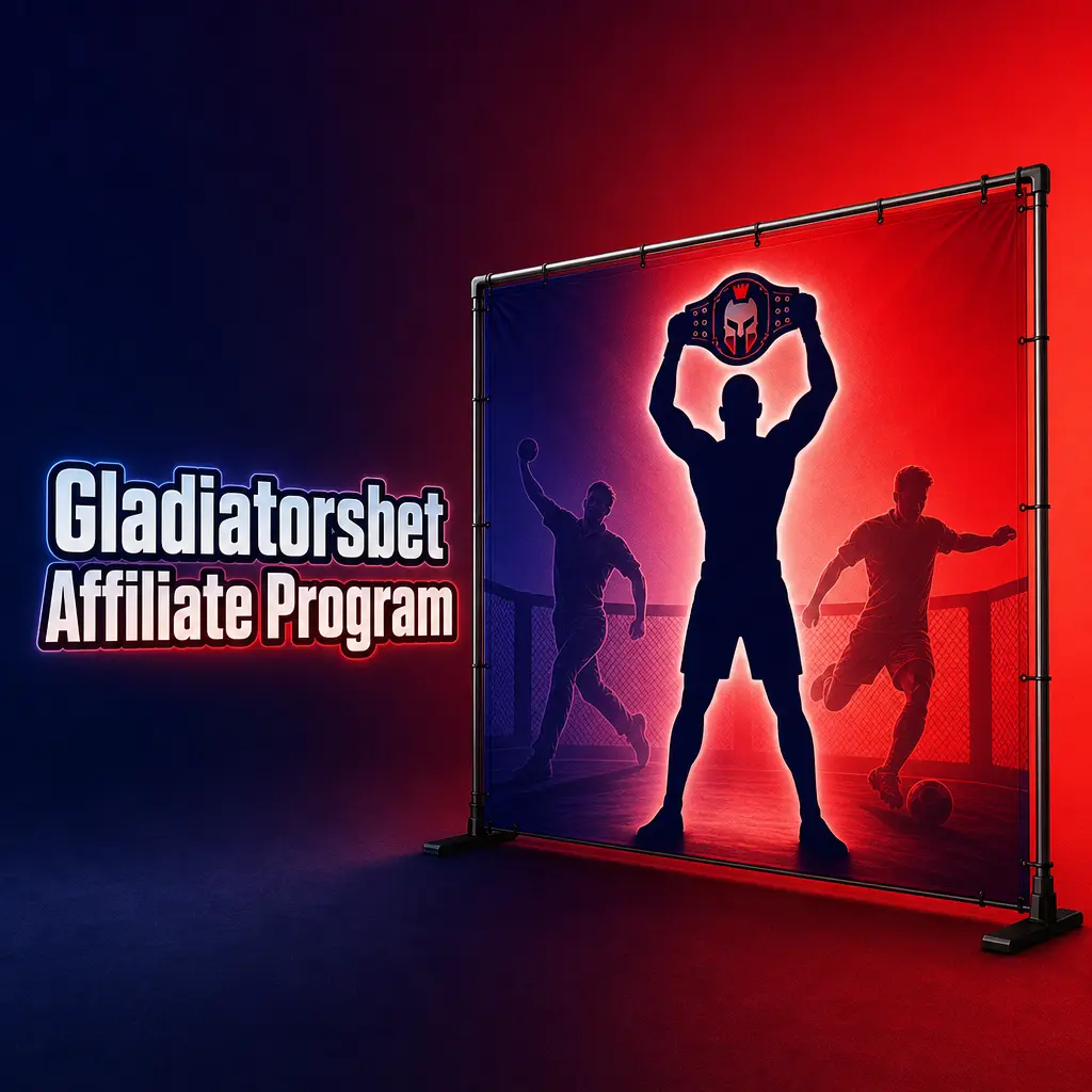 Gladiatorsbet Affiliate Program logo showing revenue share payouts up to 40% and live stats dashboard for partners