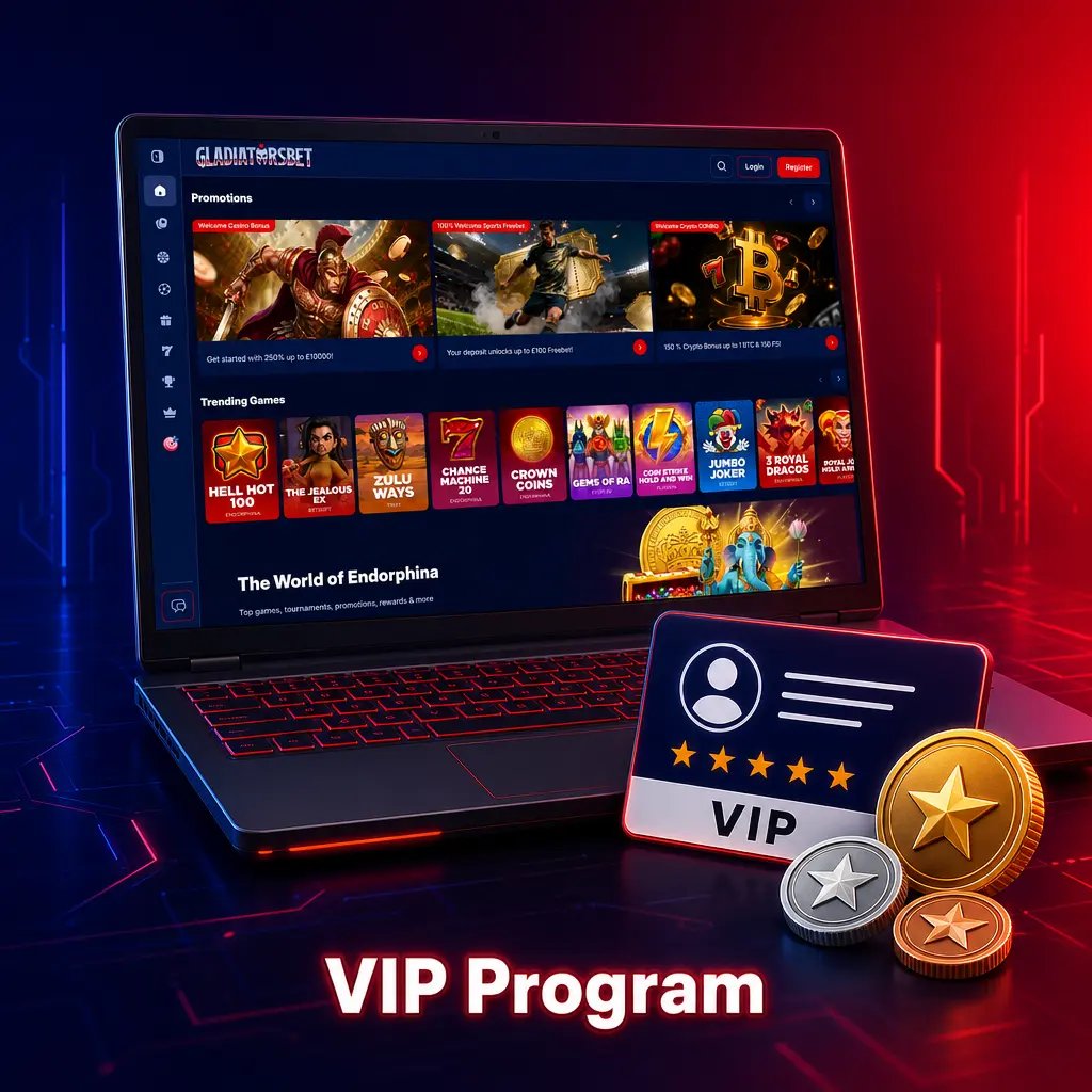 Gladiatorsbet VIP programme with 5 tiers from Bronze to Diamond, offering 5%-15% cashback and exclusive perks