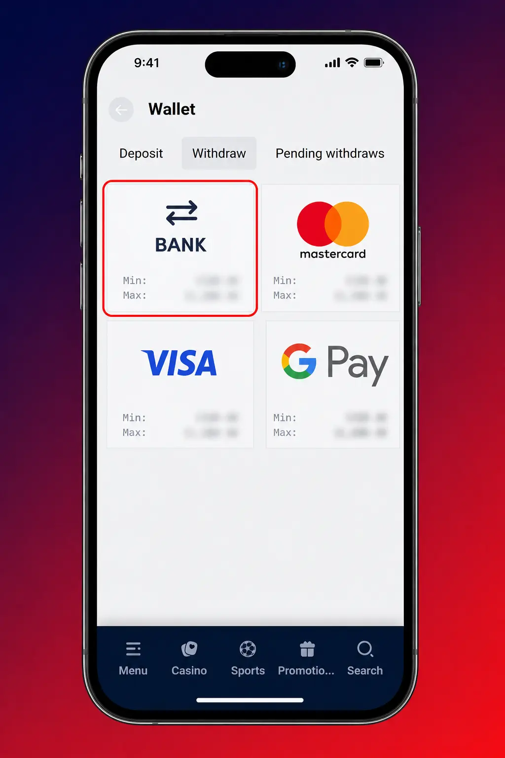 Screenshot of the Gladiatorsbet app wallet screen showing withdrawal steps and balance requirements